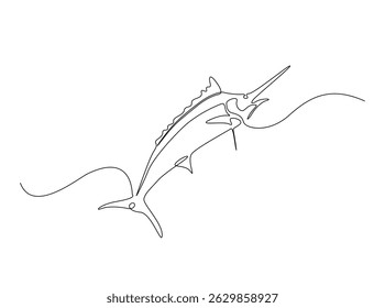 Espadim peixe único esboço ilustração. Desenho em linha contínua de marlin fish. Traçado editável.