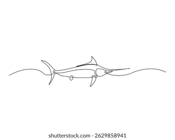 Marlin fish single outline illustration. Continuous line art drawing of marlin fish. Editable stroke.