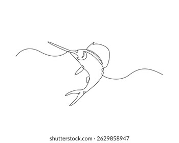 Marlin fish single outline illustration. Continuous line art drawing of marlin fish. Editable stroke.