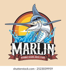 Marlin Fish Sport Fishing Logotype in Colorful Vector Cartoon Modern Illustration for sticker badge emblem t-shirt banner invitation