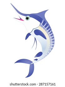 Marlin fish vector. Blue striped marlin sea animal cartoon character. Sea life Ocean animal Swordfish, billfish, sailfish isolated on white Great for illustration, t shirt stamp, animal, wildlife design