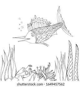 Marlin fish. Vector illustration of sea animals. Сoloring book. Beautiful drawings with patterns and small details. For anti-stress and children's coloring, emblems or tattoos.  