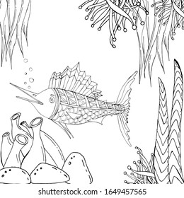 Marlin fish. Vector illustration of sea animals. Сoloring book. Beautiful drawings with patterns and small details. For anti-stress and children's coloring, emblems or tattoos.  