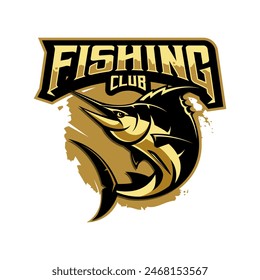 Marlin fishing design logo vector illustration. Swordfish fishing emblem isolated white background