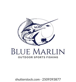 Design de logotipo de pesca Marlin. Atum peixe Ilustração logotipo design vetor