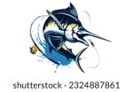 Marlin fishing logo vector  illustration. Swordfish fishing emblem isolated. Ocean fish logo. Saltwater fishing theme.