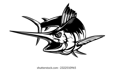 Marlin fishing logo vector  illustration. Swordfish fishing emblem isolated. Ocean fish logo. Saltwater fishing theme.