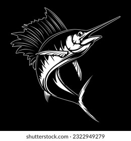 Marlin fishing logo vector  illustration. Swordfish fishing emblem isolated. Ocean fish logo. Saltwater fishing theme.