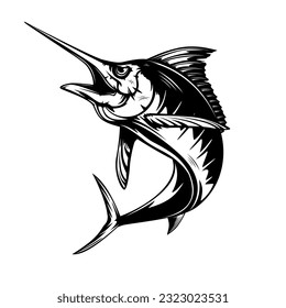 Marlin fishing logo vector  illustration. Swordfish fishing emblem isolated. Ocean fish logo. Saltwater fishing theme.