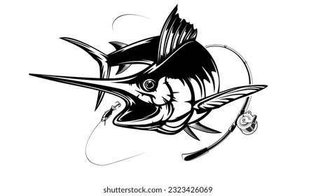 Marlin fishing logo vector  illustration. Swordfish fishing emblem isolated. Ocean fish logo. Saltwater fishing theme.