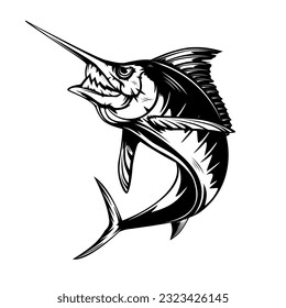 Marlin fishing logo vector  illustration. Swordfish fishing emblem isolated. Ocean fish logo. Saltwater fishing theme.