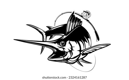 Marlin fishing logo vector  illustration. Swordfish fishing emblem isolated. Ocean fish logo. Saltwater fishing theme.