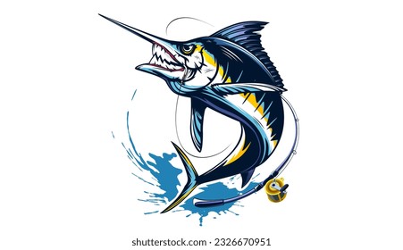 Ilustración vectorial del logotipo de pesca de Marlin. Emblema de pesca de pez espada aislado. Logo de los peces oceánicos. Tema de la pesca de agua salada.