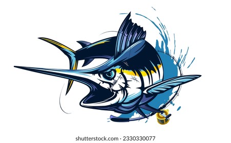 Marlin fishing logo vector  illustration. Swordfish fishing emblem isolated. Ocean fish logo. Saltwater fishing theme.