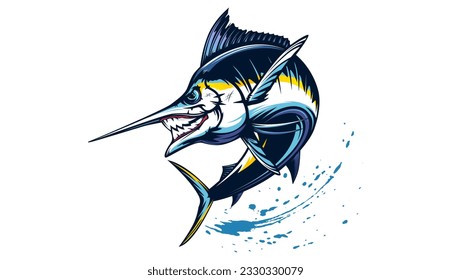 Marlin fishing logo vector  illustration. Swordfish fishing emblem isolated. Ocean fish logo. Saltwater fishing theme.