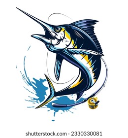 Ilustración vectorial del logotipo de pesca de Marlin. Emblema de pesca de pez espada aislado. Logo de los peces oceánicos. Tema de la pesca de agua salada.