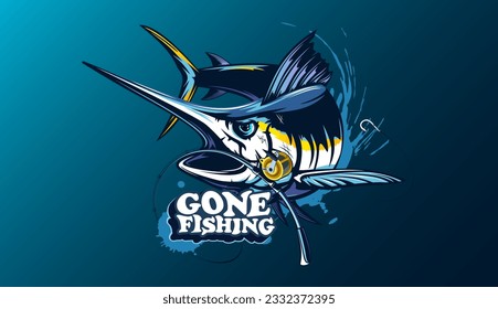 Marlin fishing logo vector  illustration. Swordfish fishing emblem isolated. Ocean fish logo. Saltwater fishing theme.