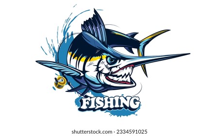 Marlin fishing logo vector  illustration. Swordfish fishing emblem isolated. Ocean fish logo. Saltwater fishing theme.