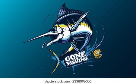 Marlin fishing logo vector  illustration. Swordfish fishing emblem isolated. Ocean fish logo. Saltwater fishing theme.