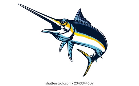 Marlin fishing logo vector  illustration. Swordfish fishing emblem isolated. Ocean fish logo. Saltwater fishing theme.