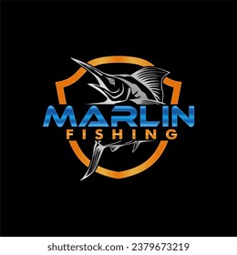 marlin fishing logo vector illustration jumping out of the water suitable for use as a fishing club, tournament, fishing shop