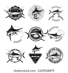 Marlin fishing. Swordfish icons. Deep sea fishing. Design elements for emblem, sign, brand mark. Vector illustration.