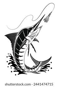 Marlin Fishing Vector Illustration Isolated Black and White