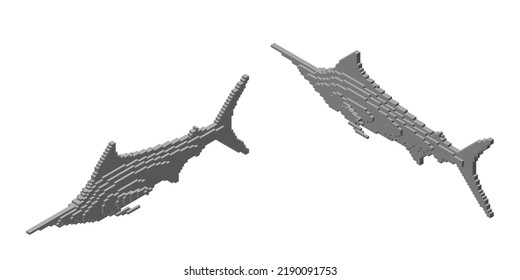 Marlin aus Würfeln. Voxelkunst. Futuristisches Konzept. 3D-Vektorgrafik. Isometrische Projektion.
