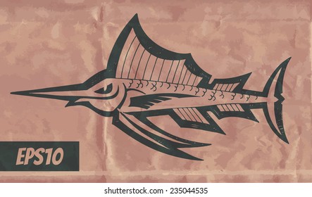 marlin outline cartoon vector illustration on vector crumpled paper