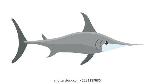 Ilustración vectorial de Marlin. Caricatura aislada de grandes peces de agua salada con espada afilada en la cabeza, cola y aletas, animal marino salvaje de aguas profundas o oceánicas, trofeo de marlín fresco de la captura de pescadores