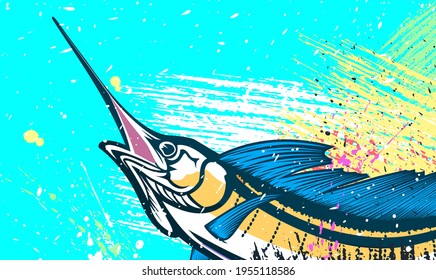 Marline fishing grunge background. Fishing retro theme. Sword fish.