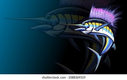 Marline fishing grunge background. Fishing retro theme. Sword fish.