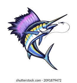 Marline fishing grunge background. Fishing retro theme. Sword fish.