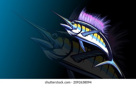 Marline fishing grunge background. Fishing retro theme. Sword fish.