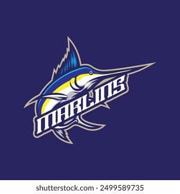 Diseño del logotipo de la mascota de Marlins con estilo moderno del concepto de la ilustración para la impresión de la insignia, del emblema y de la camiseta. Ilustración de los Marlins para el deporte y el equipo de deportes electrónicos.