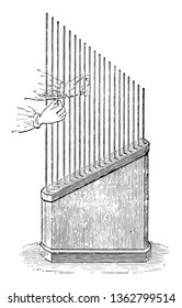 Marloye Harp used to show longitudinal vibrations in rods, vintage line drawing or engraving illustration.
