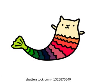 Marmaid cat hand drawn illustration with cute creature and rainbow tail cartoon minimalism