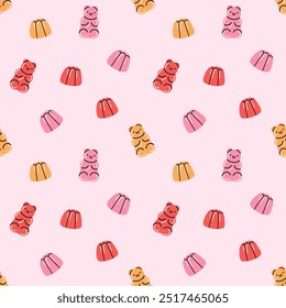 Marmalade bear seamless pattern. Sweets and candy. Different confectionery textile, wrapping paper, wallpaper design. Print christmas and birthday kids present cartoon flat background