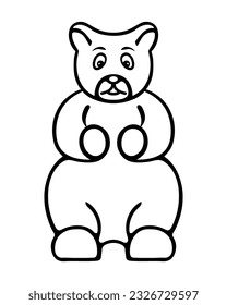 Marmalade bear. Sketch. A sweet jelly treat in the shape of an animal. Vector illustration. Outline on isolated background. Doodle style. Coloring book for children. Delicious dessert for kids. 