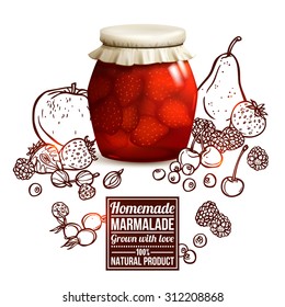 Marmalade jar concept with realistic glass jar and sketch fruits and berries on background vector illustration
