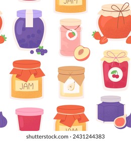 Marmalade jar seamless pattern. Sweet confiture or fruit jam. Berries compote and canned fruits. Homemade preserves racy vector background