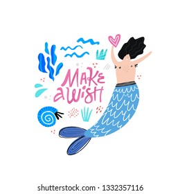 Marman cartoon vector character. Male mermaid. Underwater magical creature. Boy with tail illustration. Make a wish lettering. Ocean mythical life hand drawn design element. Fairytale isolated clipart