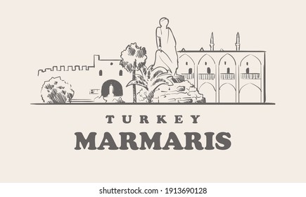 Marmaris skyline, turkey hand drawn illustration