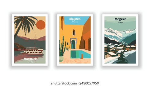 Marmaris, Turkey. Megeve, France. Meknes, Morocco - Set of 3 Vintage Travel Posters. Vector illustration. High Quality Prints