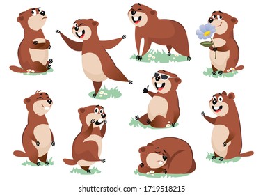 Marmot or beaver wild animal rest on nature vector illustration. Funny character on meadow in various poses excited about life cartoon design. Groundhog day concept. Isolated on white background