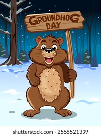 Marmot cartoon character in full growth against the background of a winter forest with a banner in his hand Groundhog Day Vector