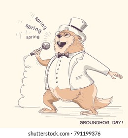  Marmot in gentleman clothes with microphone. Groundhog day holiday hand drawn illustration