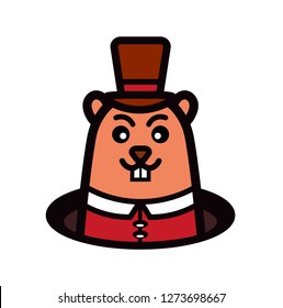 Marmot with hat from hole in ground. Groundhog Day.