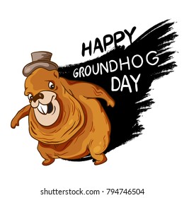 Marmot hat on a dark plate. the inscription happy groundhog day