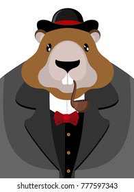 Marmot in hat and with pipe. Rodent aristocrat. Illustration for Groundhog Day holiday
